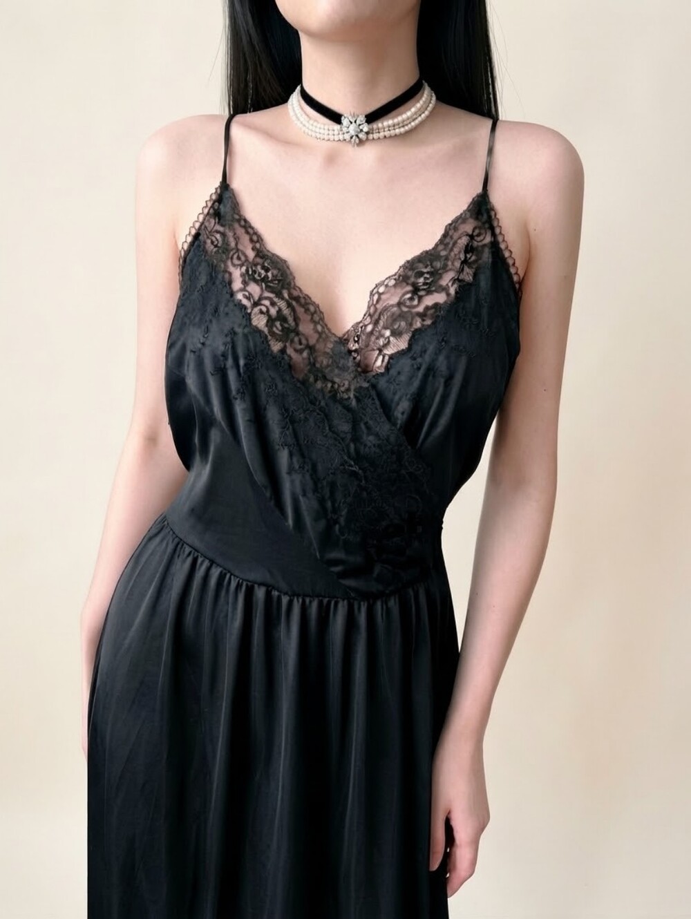 Vintage Black Nylon Lace Eyelet Embroidered Long Nightgown Slip Dress Size L
